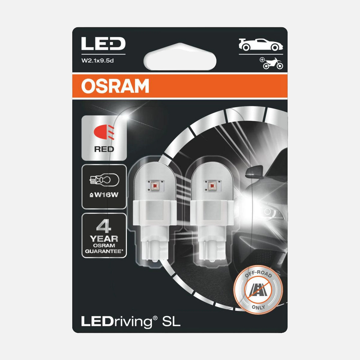 LEDVANCE OSRAM Auto Auxiliary Bulb LED SL W16W RED - W2.1x9.5d