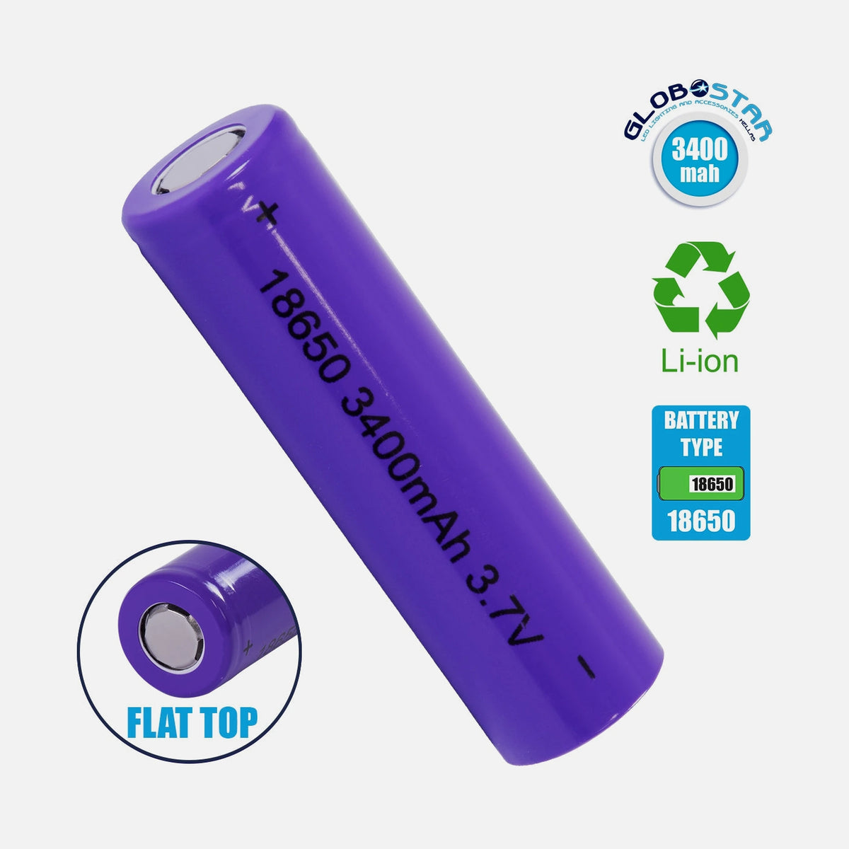 Rechargeable Lithium Battery Flat Pin 18650/3400mAh/3.6V 1 pcs