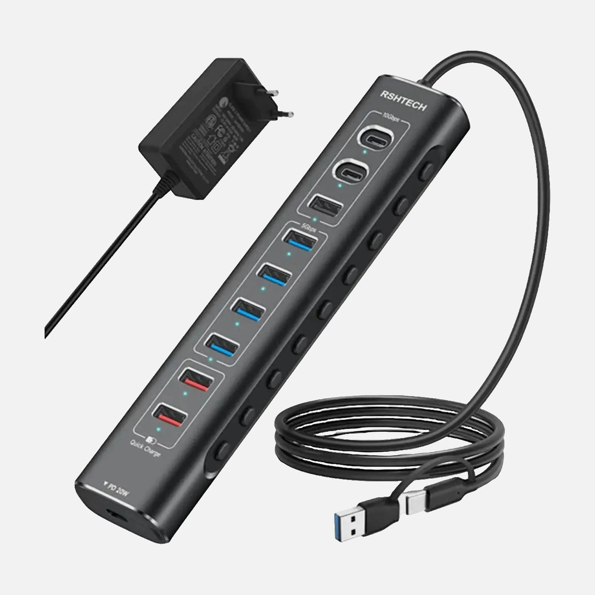 NÖRDIC 10-Port Powered USB-C & USB-A Hub – High-Speed Data, Charging & Individual Switches