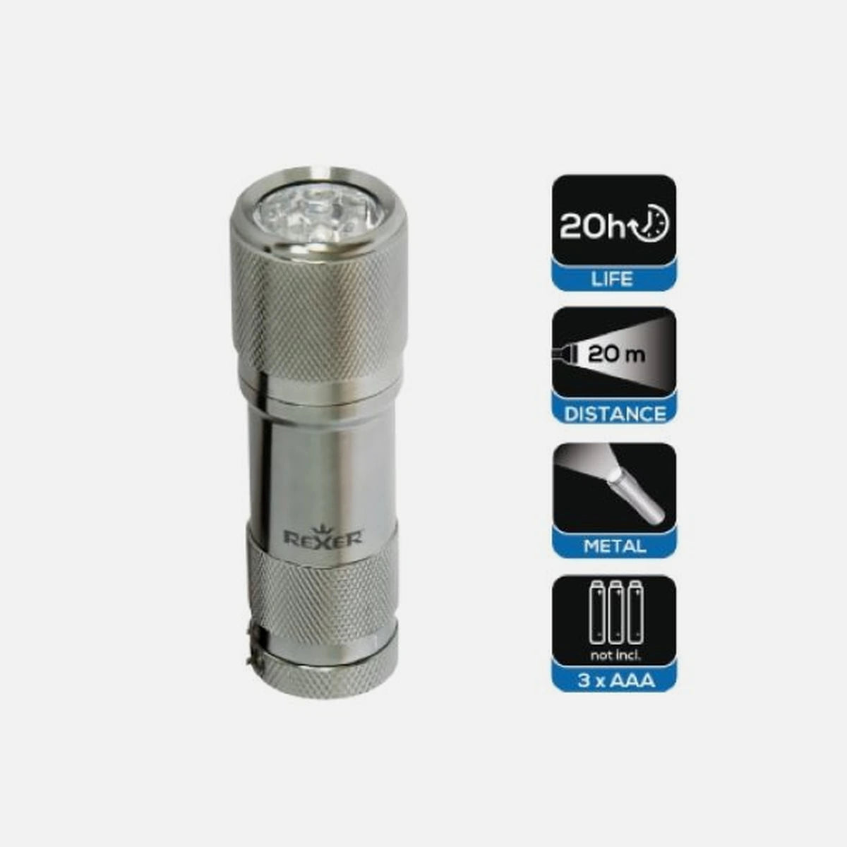 REXER RX6011 Aluminium LED Flashlight – 5 LEDs, 22lm & 95mm Compact Size