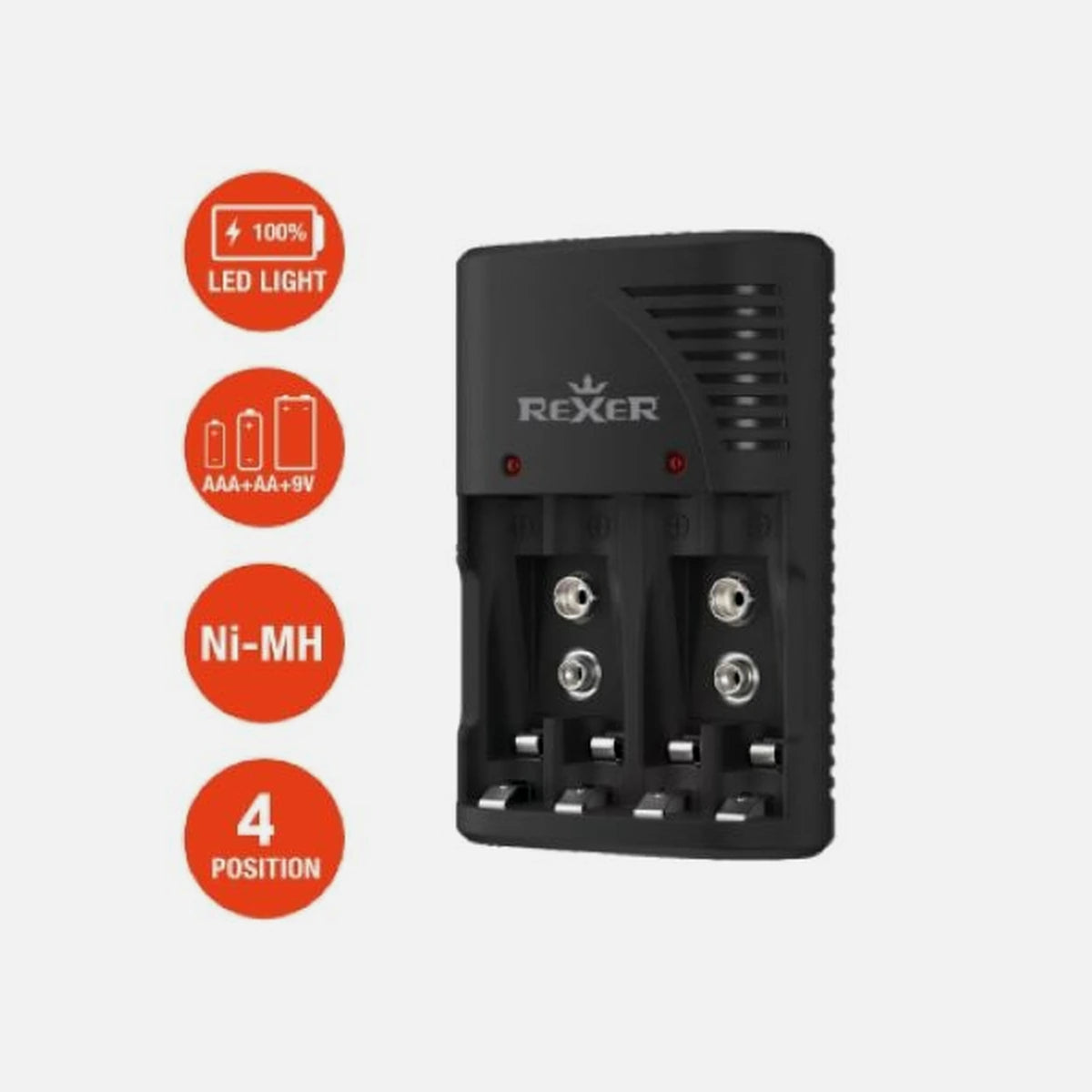 REXER RXBAC01 Ni-MH/Ni-Cd Battery Charger – AA, AAA & 9V, 4+2 Slots & LED Indicator
