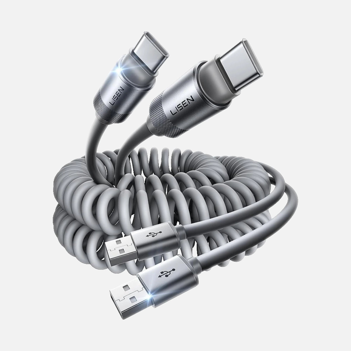 Lisen 2E361 – Coiled USB-C to USB-A Cable Set of 2, 0.7–1.5m, 480Mbps, Gray