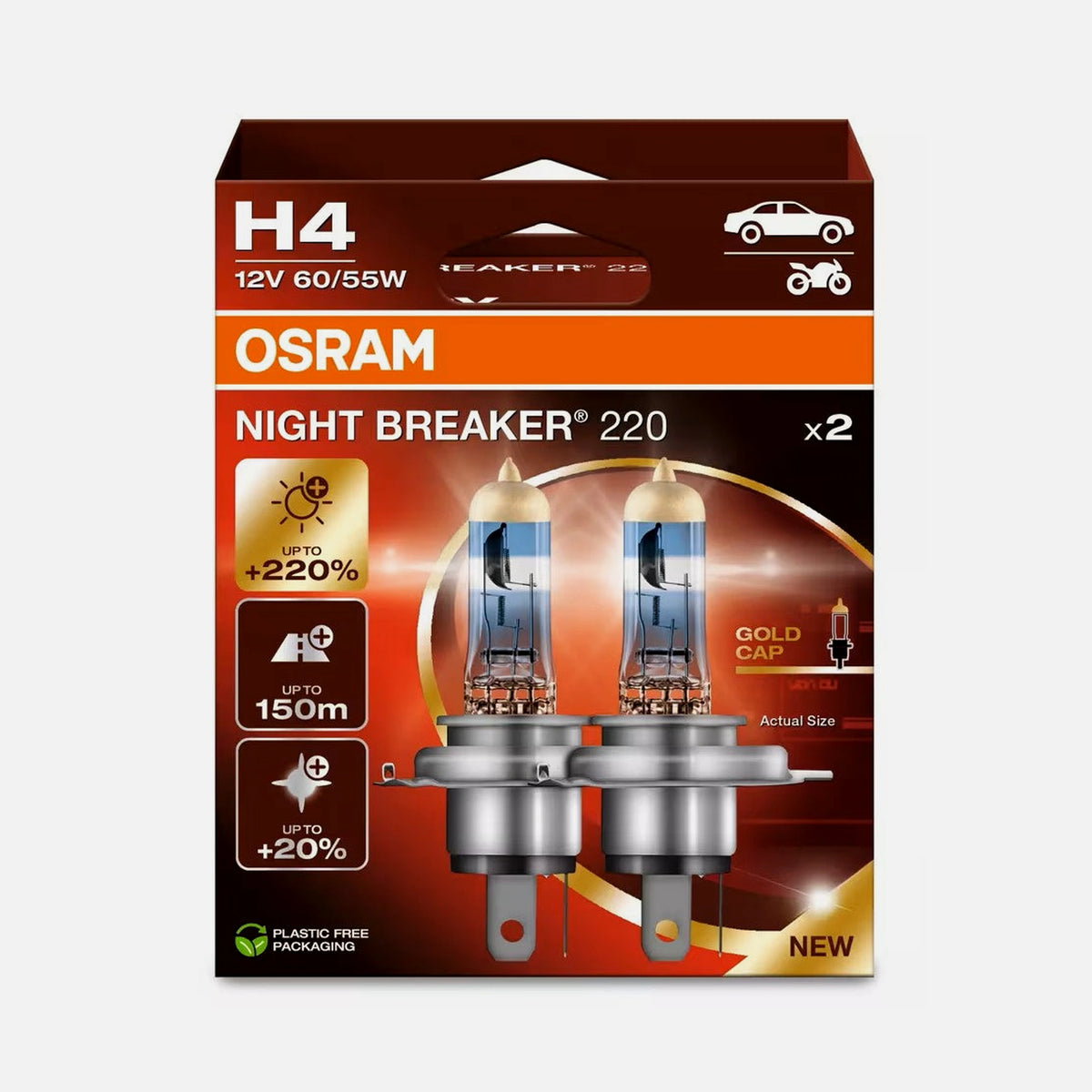 OSRAM 64193NB220-2HB Night Breaker 220 H4 – +220% Brightness, 12V, 2-Pack
