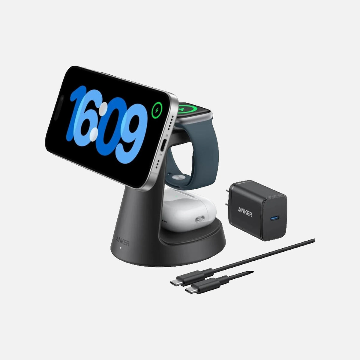Anker B25M4G11 MagGo 3-in-1 – Qi2 15W MagSafe Charging Station, 40W Charger, Black