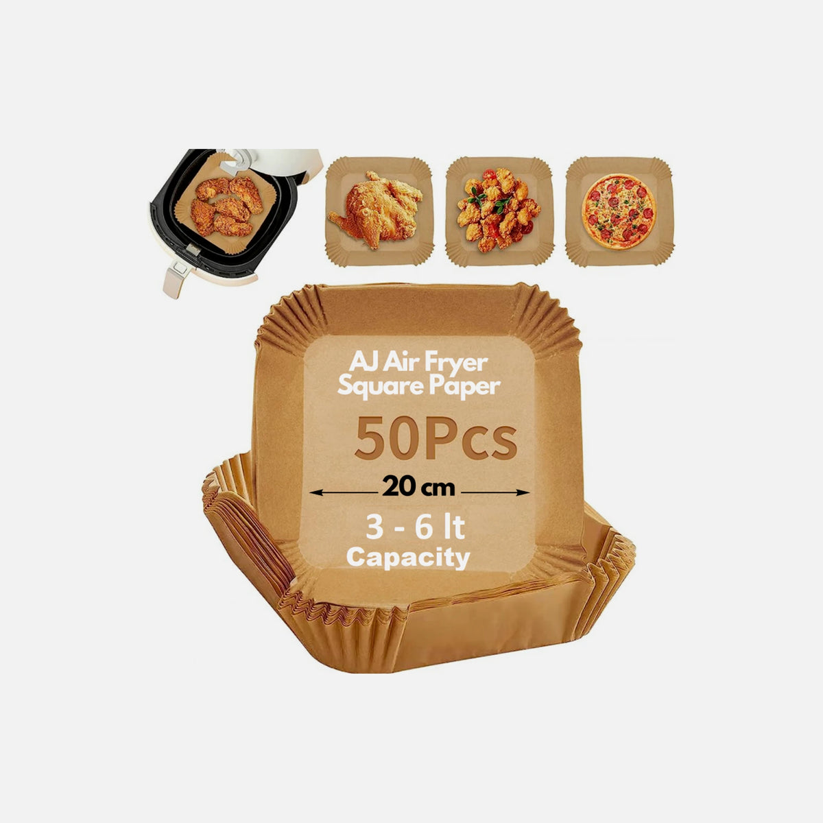 AJ Air Fryer Disposable Paper Liners 20cm Square – Non-Stick, 50-Pack