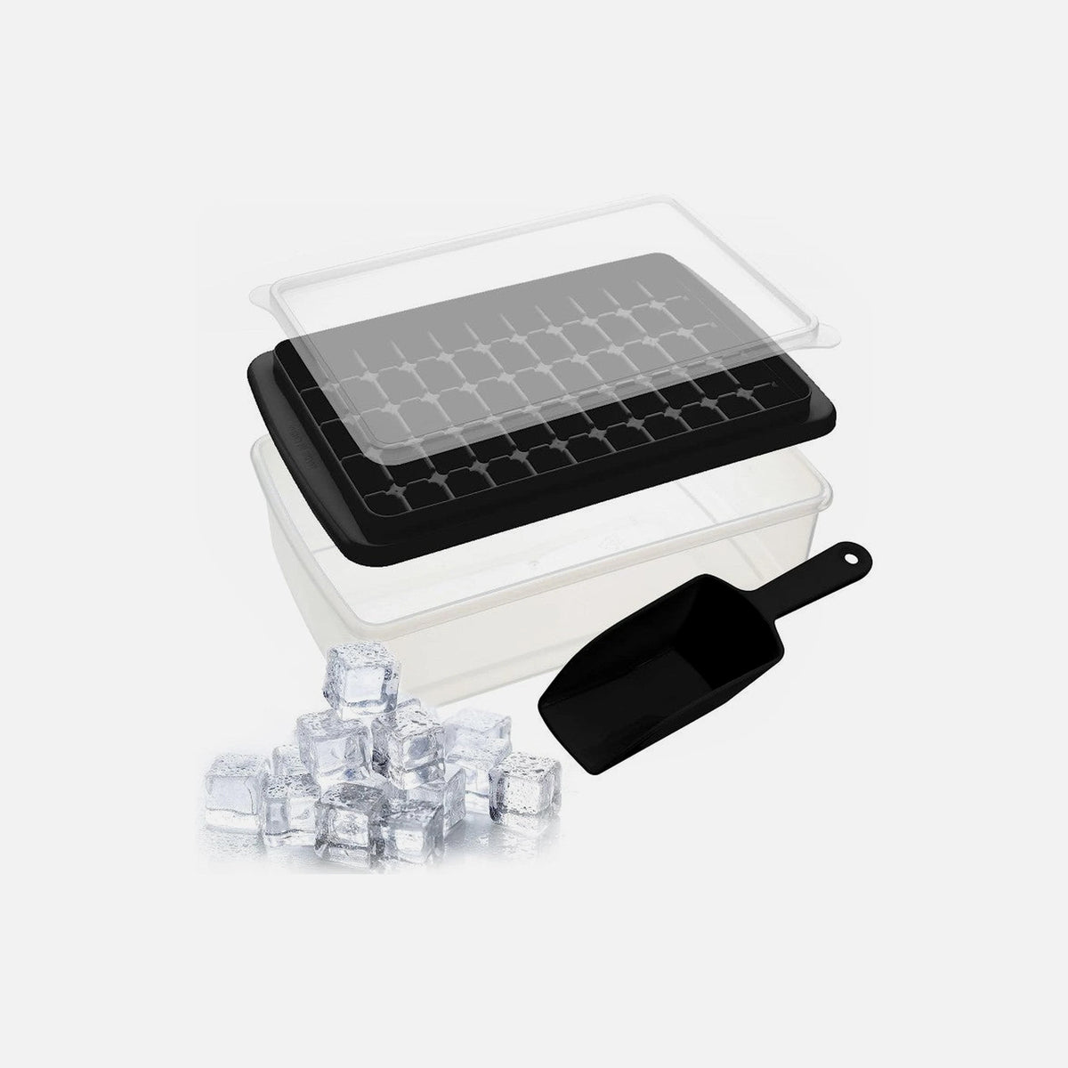 AJ Ice Cube Tray With Lid & Bin – Silicone 55 Cubes, Black