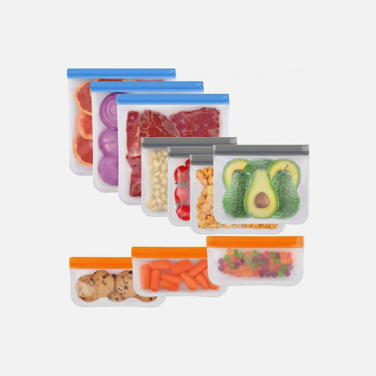 AJ 10-Pack Reusable Food Bags – BPA Free PEVA, 3 Sizes, Total 11L