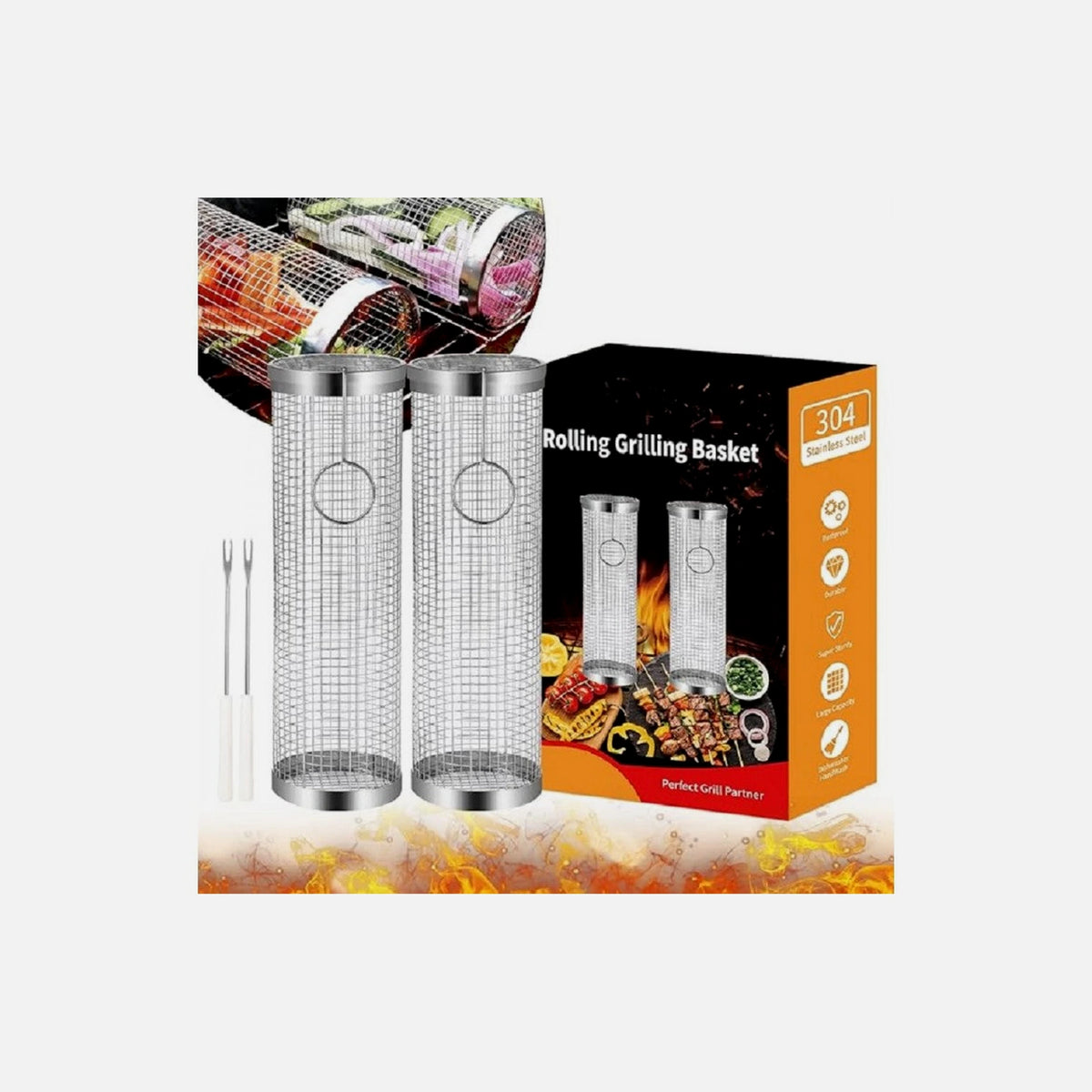 AJ 2-Pack BBQ Rolling Grilling Baskets – Stainless Steel 304, Cylindrical