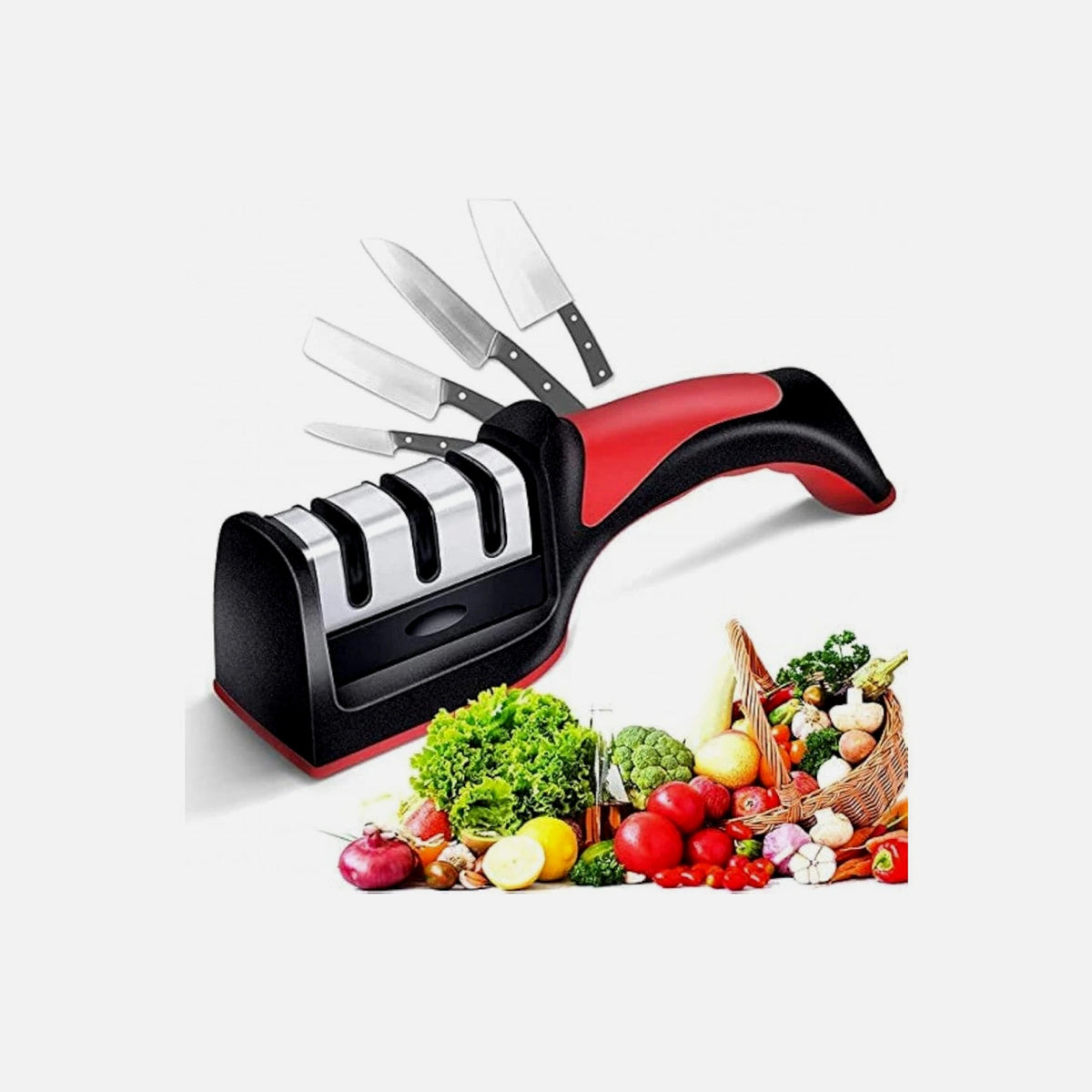 AJ 3-in-1 Kitchen Knife Sharpener – Hand-Held, 3 Stages, Black/Red