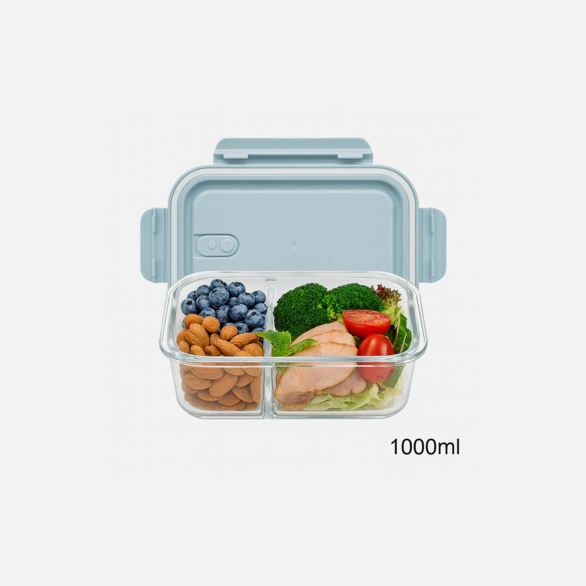 AJ Glass Meal Prep Container 2-Compartment 1000ml – Clear, Light Blue Lid