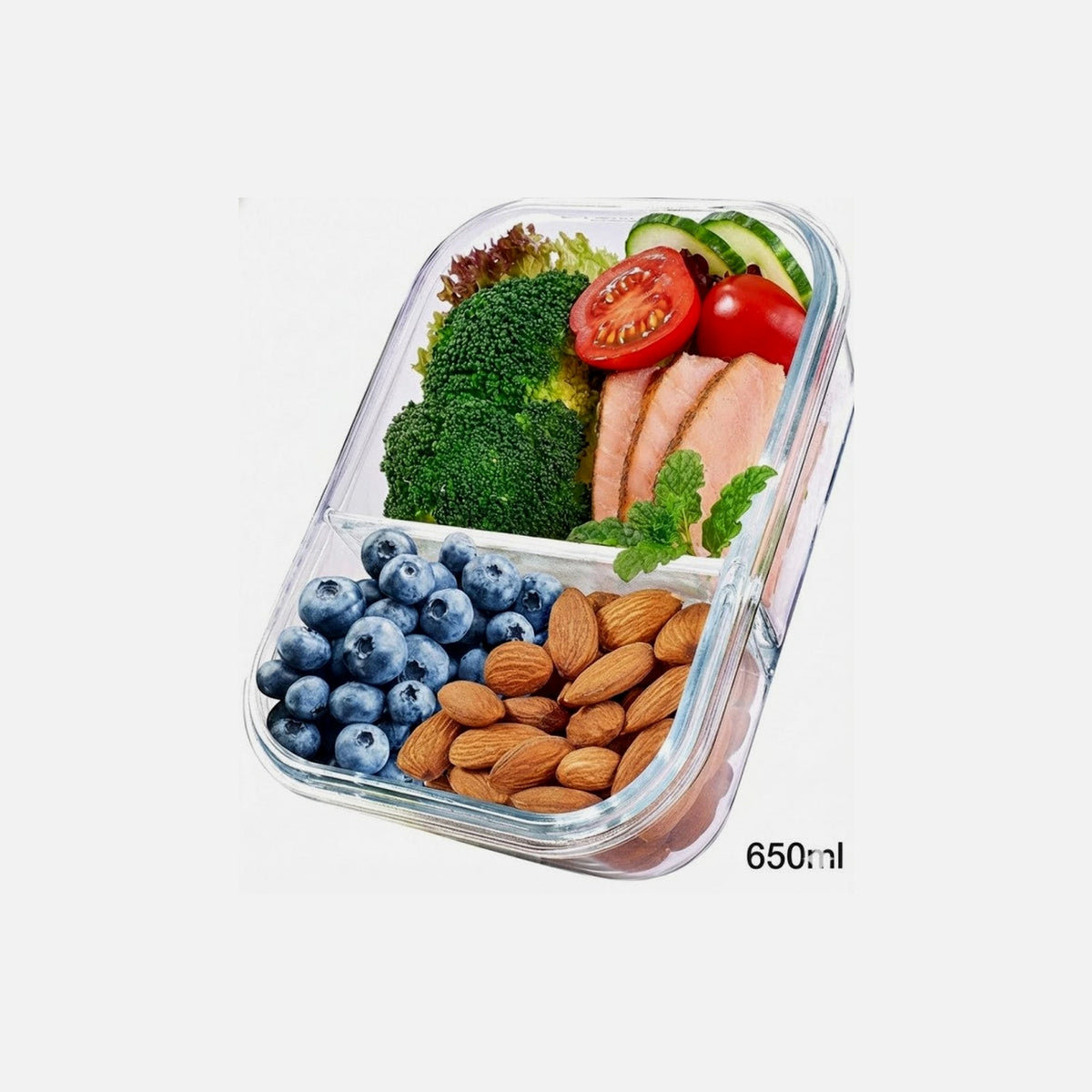 AJ Glass Meal Prep Container 2-Compartment 650ml – Clear