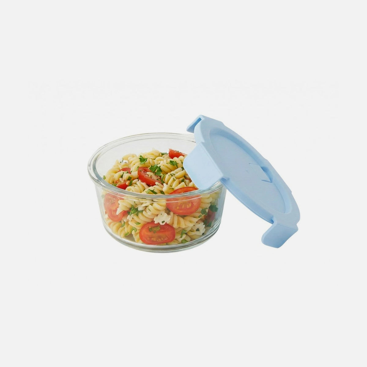 AJ Glass Food Container Round 660ml 15x6cm – Airtight, Light Blue Lid