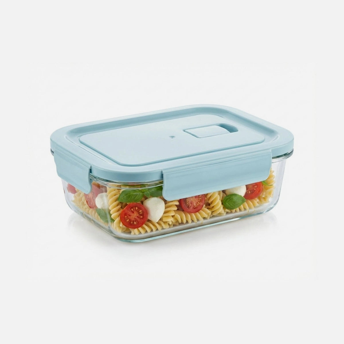 AJ Glass Food Container 680ml 17x12.5x5.5cm – Airtight, Light Blue Lid