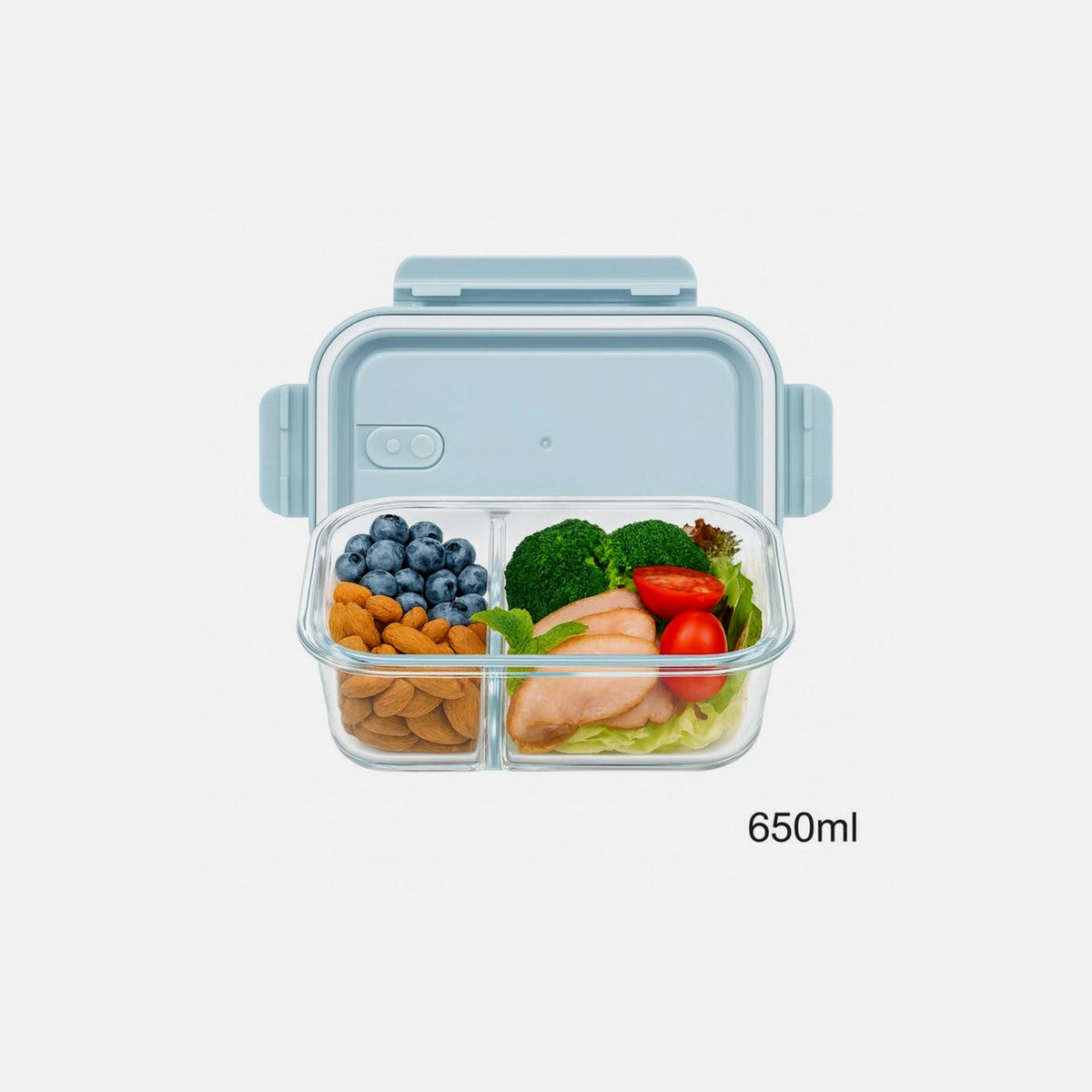 AJ Glass Food Container 2-Compartment 650ml – Airtight, Light Blue Lid
