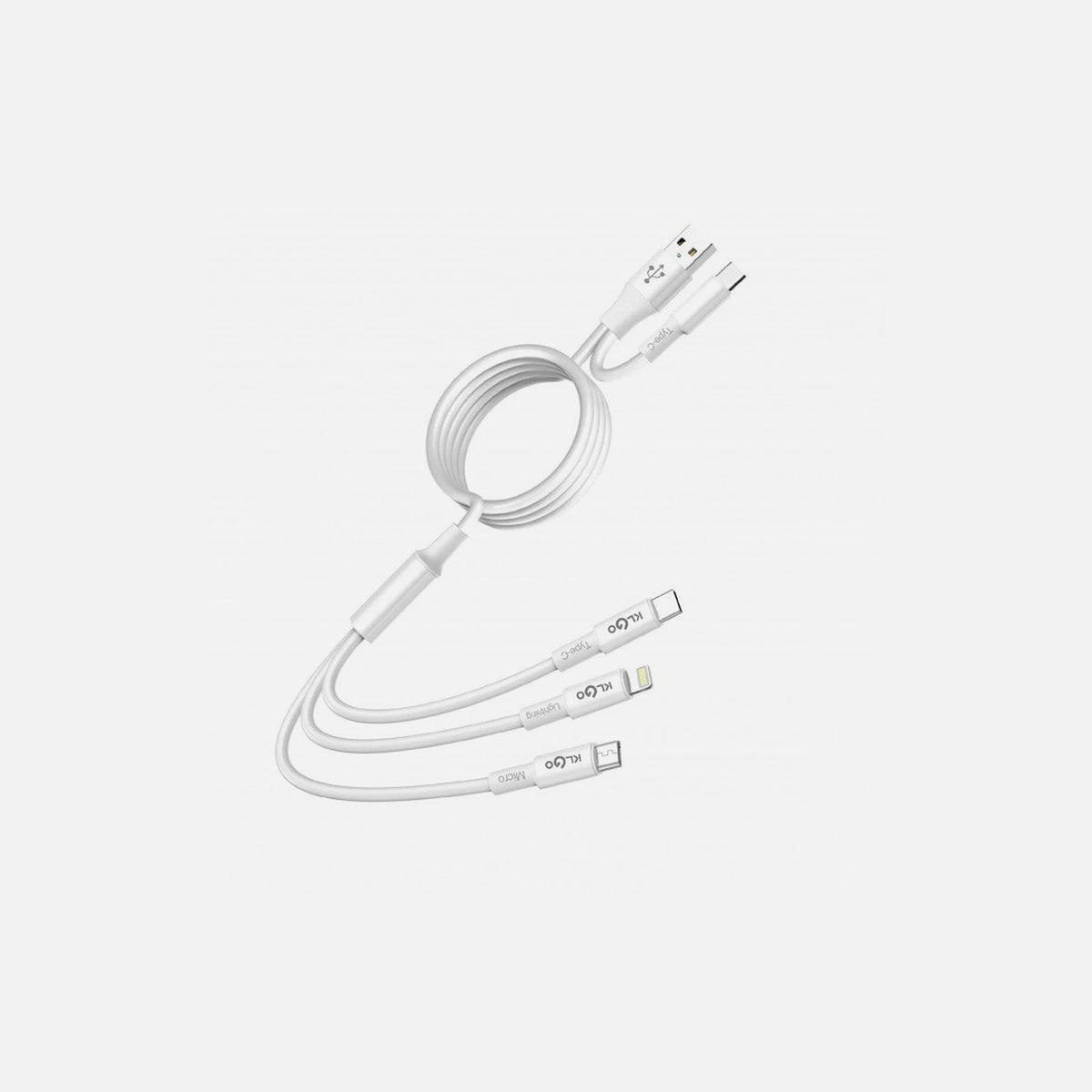 KLGO S-665 Two-Drag Three Cable Type-C & USB-A to Type-C, Lightning, Micro-USB, 1.2m, White