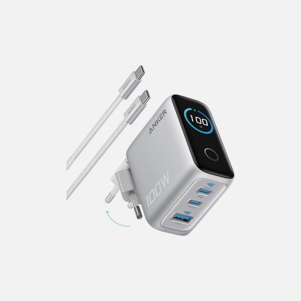 Anker 100W GaN Wall Charger 3-Port with Smart Display & 100W USB-C Cable, Silver