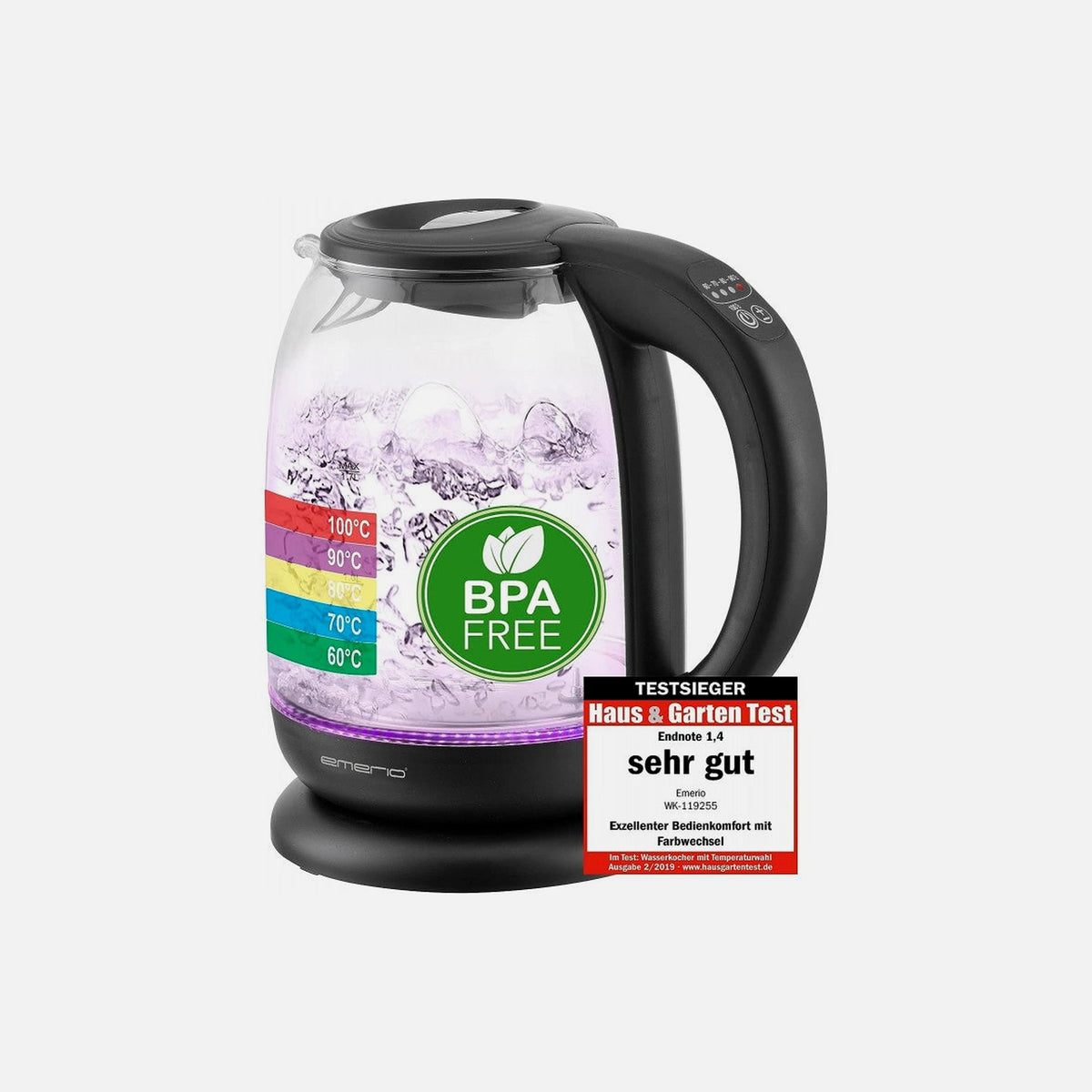 Emerio Glass Kettle 1.7L 2200W – LED, Temperature Selector 60-100°C, BPA-free