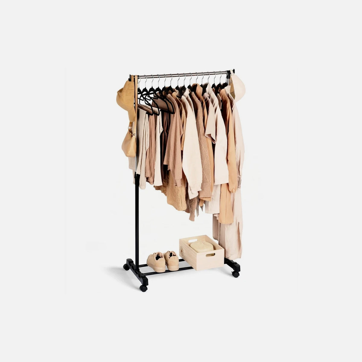 Vilde Metal Rolling Clothes Rack – Height-Adjustable, Bottom Shelf, 72x42x140cm, Black
