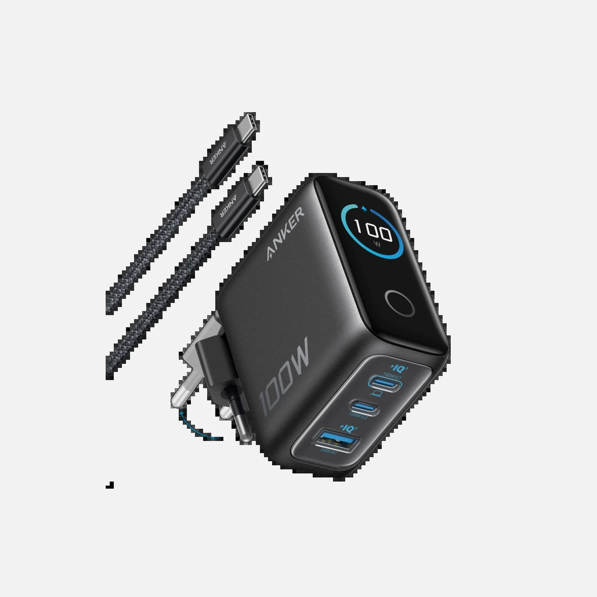 Anker 100W GaN 3-Port USB-C/USB-A Wall Charger – Smart Display, Dark Grey