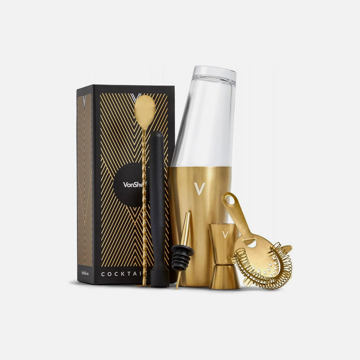 VonShef Gold Cocktail Set 6-Piece Stainless Steel with 550ml Boston Shaker – Gold