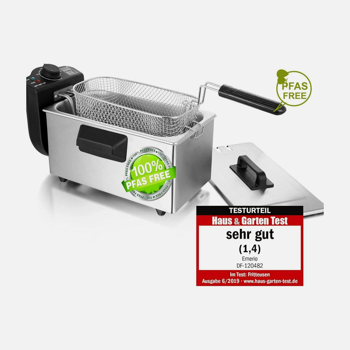 Emerio Oil Deep Fryer 2000W Stainless Steel BPA & PFAS Free 3L Removable Pot with Lid – Silver