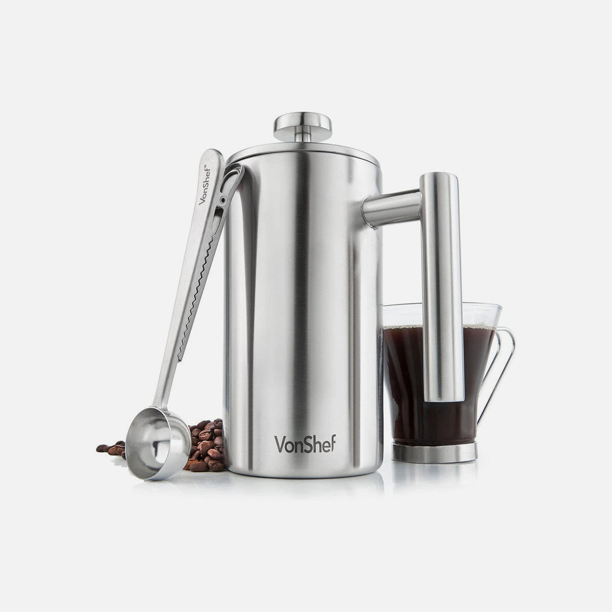 VonShef Stainless Steel Cafetière 600ml French Press with 2-in-1 Spoon Clip