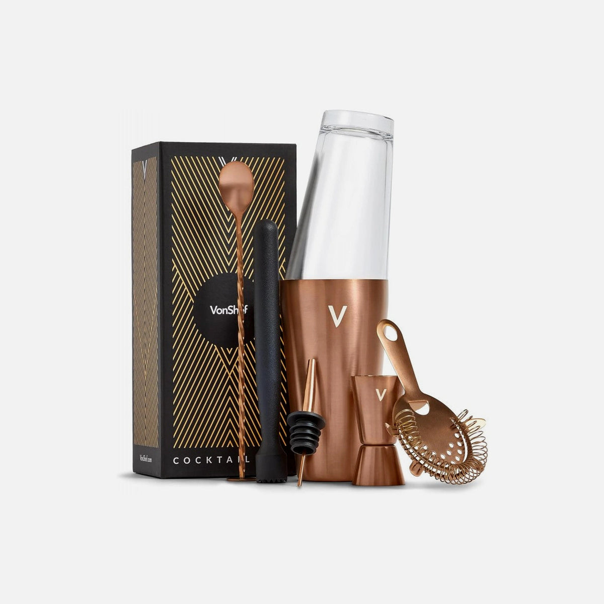 VonShef Copper Cocktail Set 6-Piece Stainless Steel with 550ml Shaker – Warm Copper