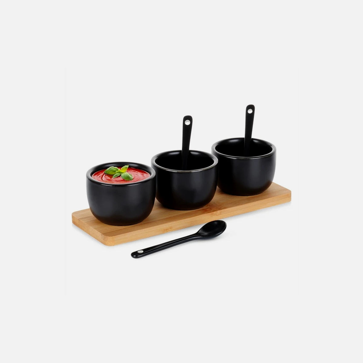 Vilde Ceramic Snack Bowls Set of 3 with Spoons & Bamboo Stand – Black