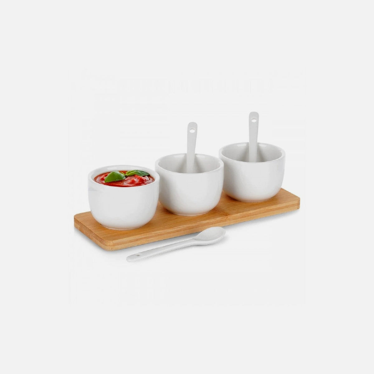 Vilde Ceramic Snack Bowls Set of 3 with Spoons & Bamboo Stand – White