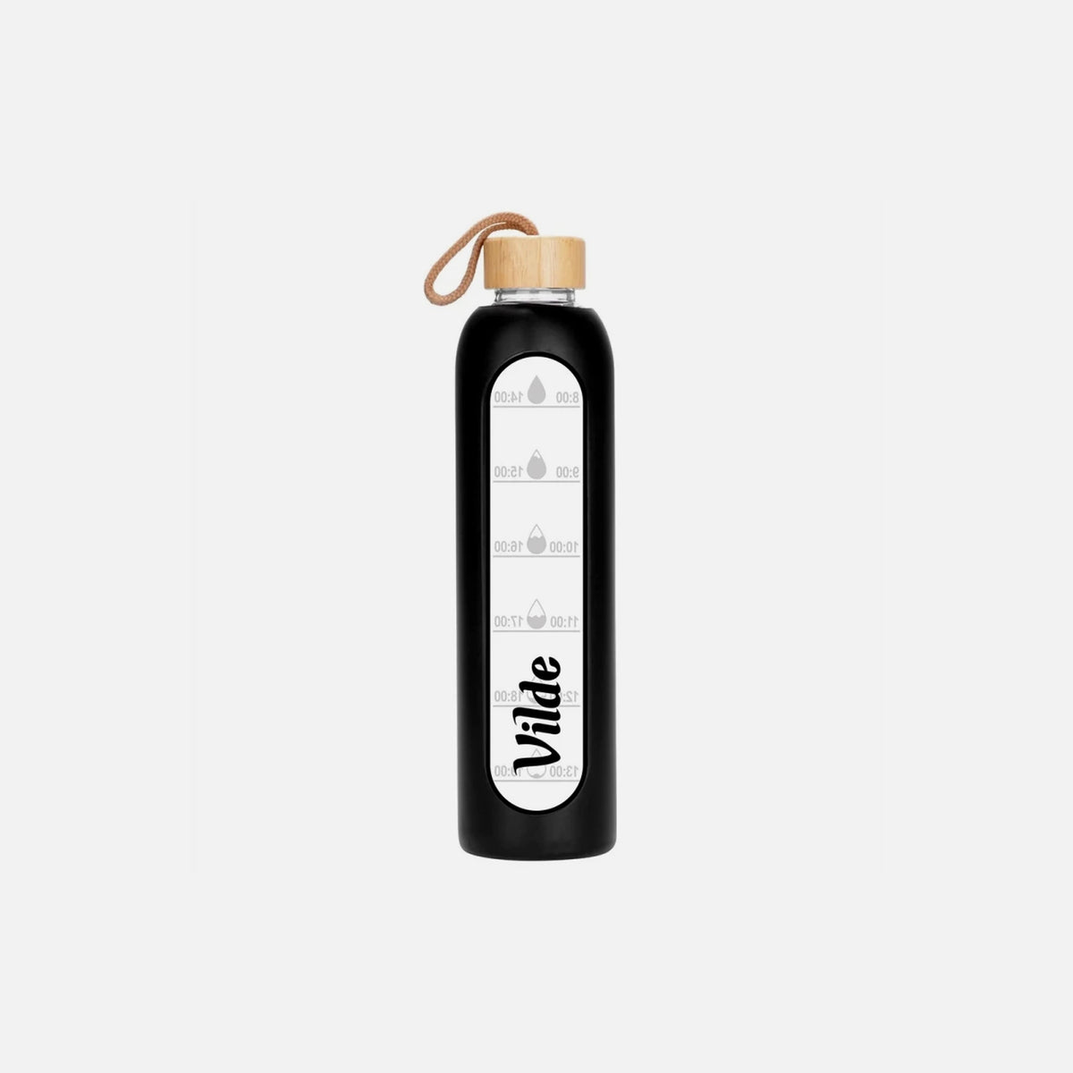 Vilde Glass Water Bottle 1L with Time Markings, Airtight Bamboo Lid & Silicone Sleeve – Black