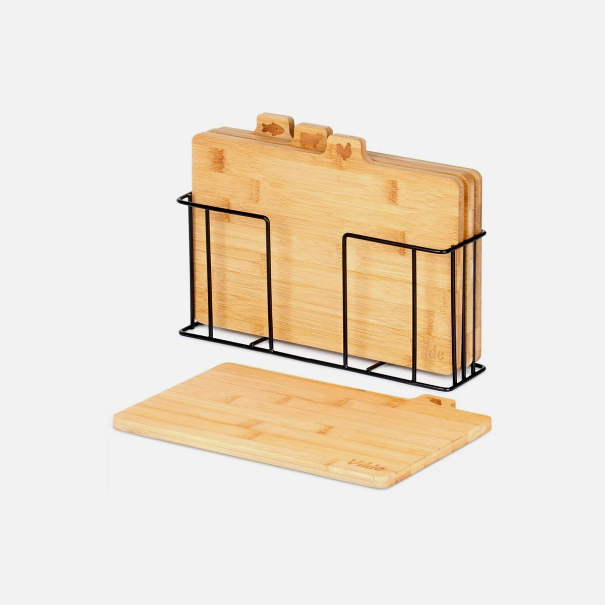 Vilde Premium Bamboo Chopping Boards Set of 4 with Stand – 28x20 cm, Food Icons