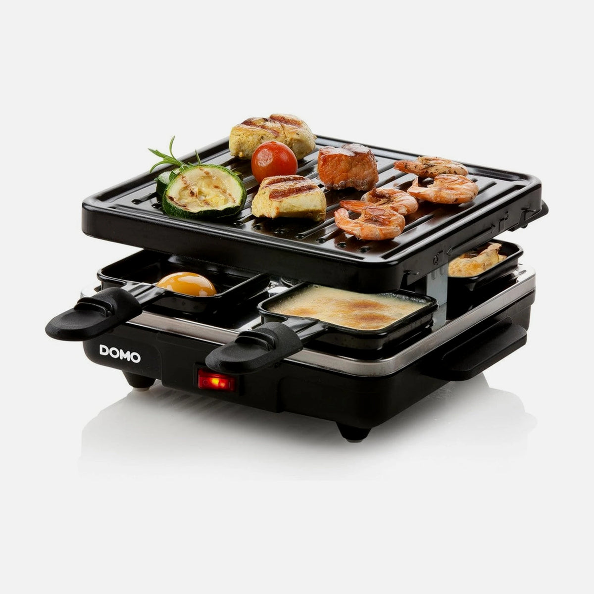 DOMO Just Us Raclette Grill DO9147G – 600W Cast Iron, 4 Pans, PFAS-Free