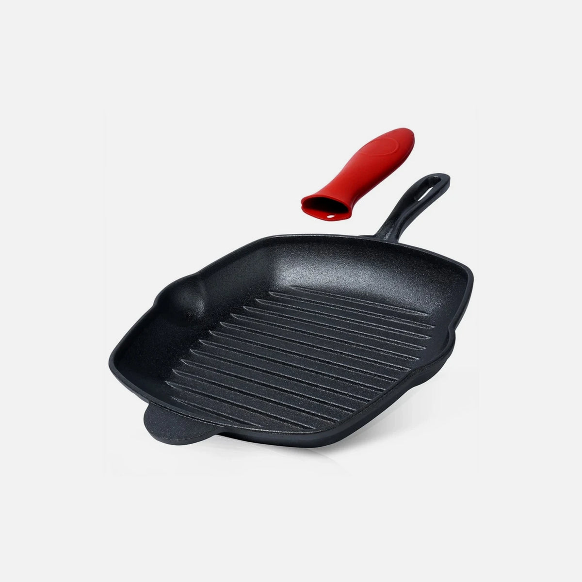 Vilde Premium Cast Iron Grill Pan 28 cm – Ridged Square Pan, Silicone Handle Grip