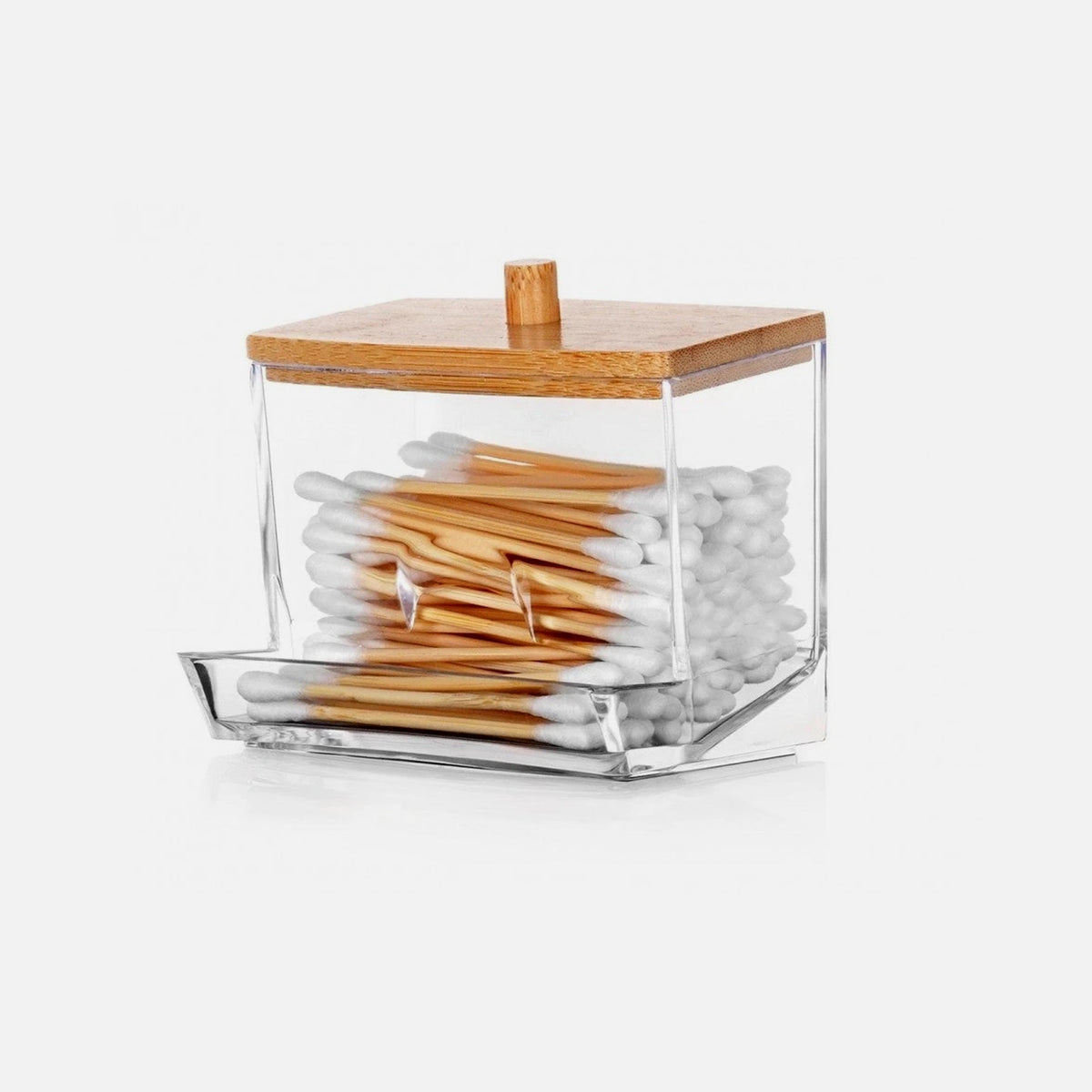 Vilde Cotton Swab Dispenser with Bamboo Lid – Compact 9×7×9 cm Acrylic Holder