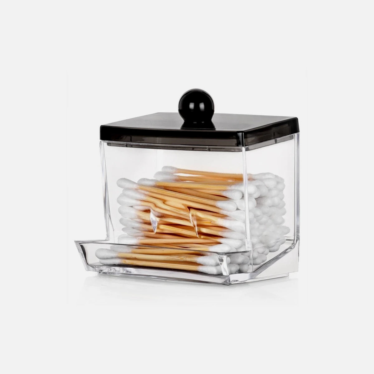 Vilde Cotton Swab Dispenser with Black Lid – Compact 9×7×9.5 cm Acrylic Holder