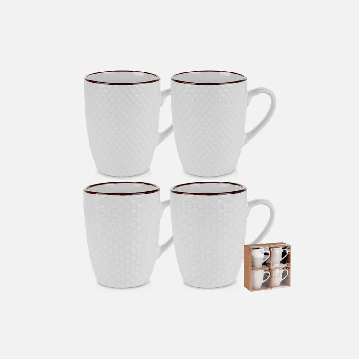 Vilde Premium Ceramic Mugs White – Set of 4, 400ml, Embossed Design, Gift Box