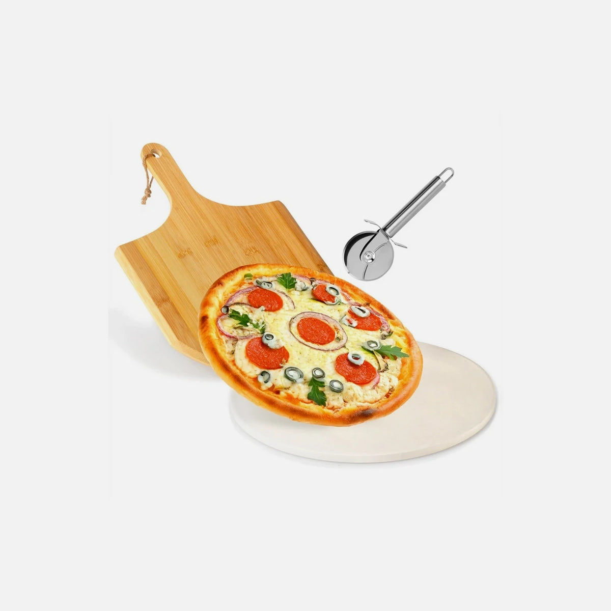 Vilde Premium Pizza Stone Set 33cm – Ceramic Stone, Acacia Serving Board, Pizza Cutter
