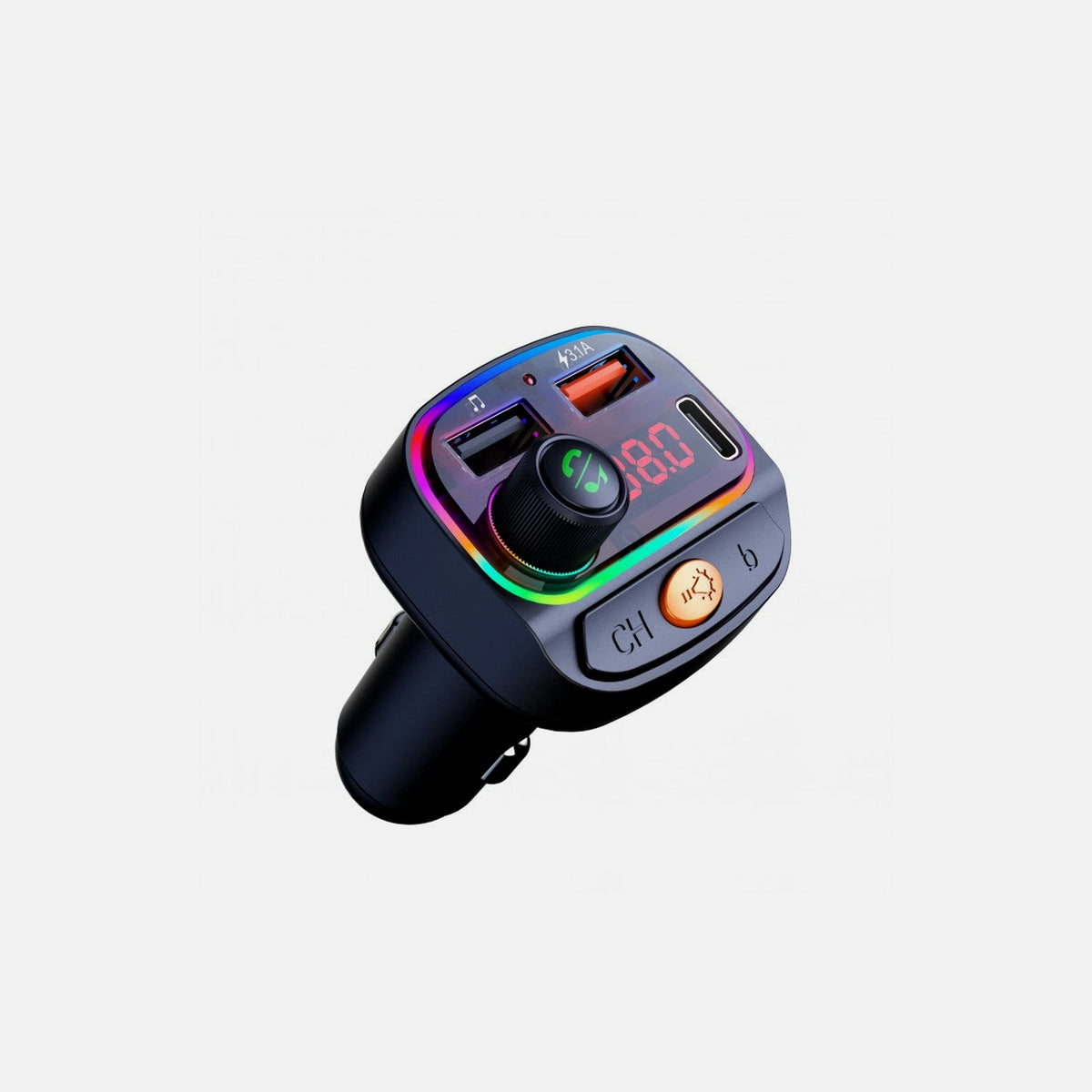 Swissten Bluetooth 5.3 FM Transmitter & 15W Car Charger – LED Display, RGB Lighting, 2× USB