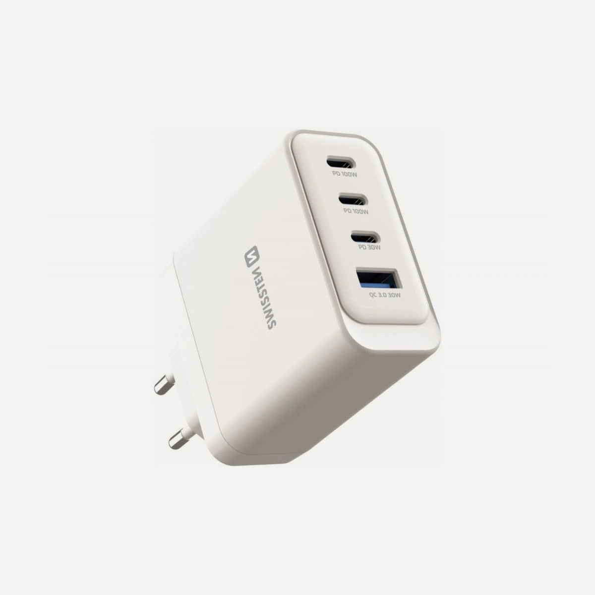 Swissten Core 100W GaN Wall Charger – 3× USB-C + USB-A, PD/PPS/AVS, White