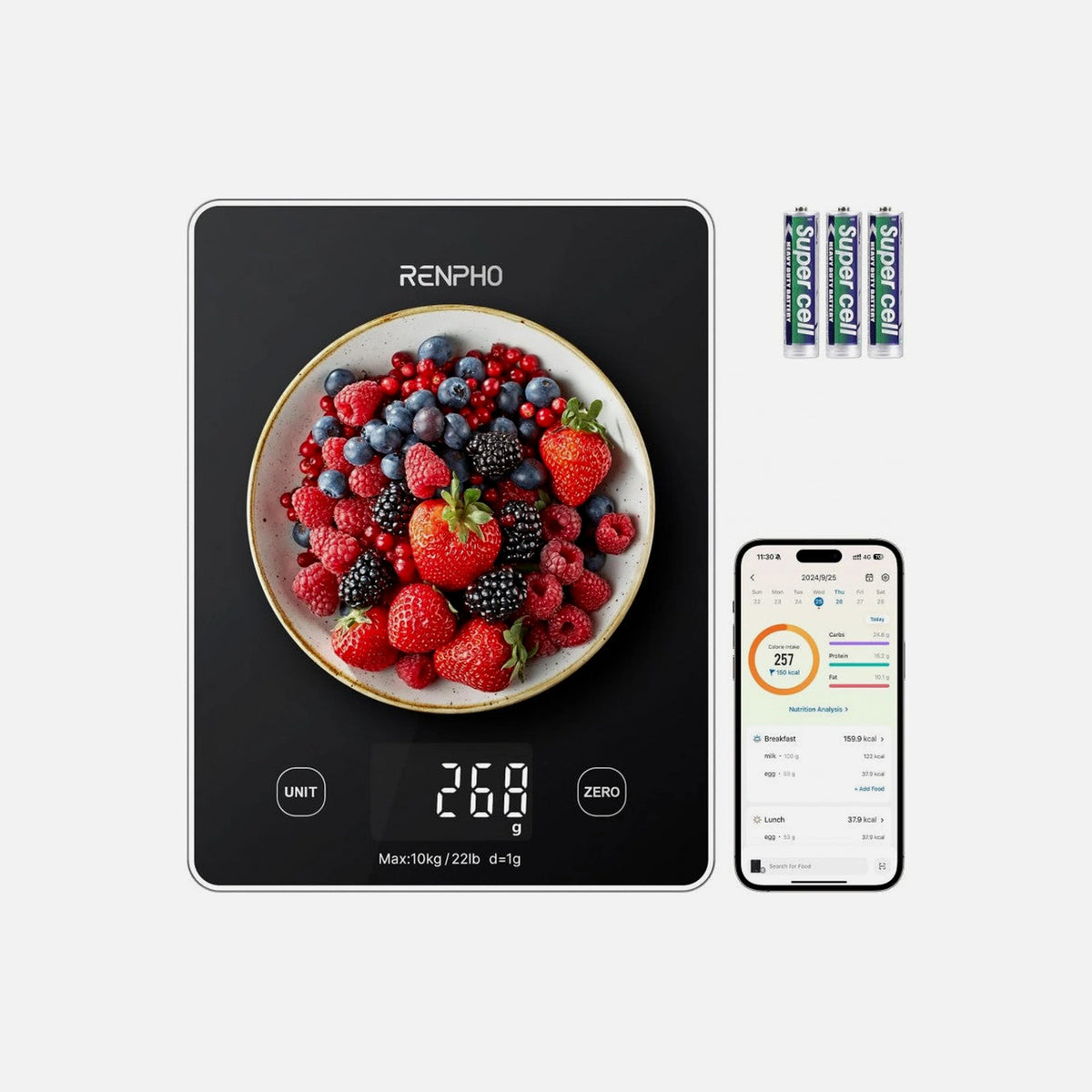 Renpho Calibra 1L Smart Digital Kitchen Scale 10kg / 1g – Nutrition App, Black