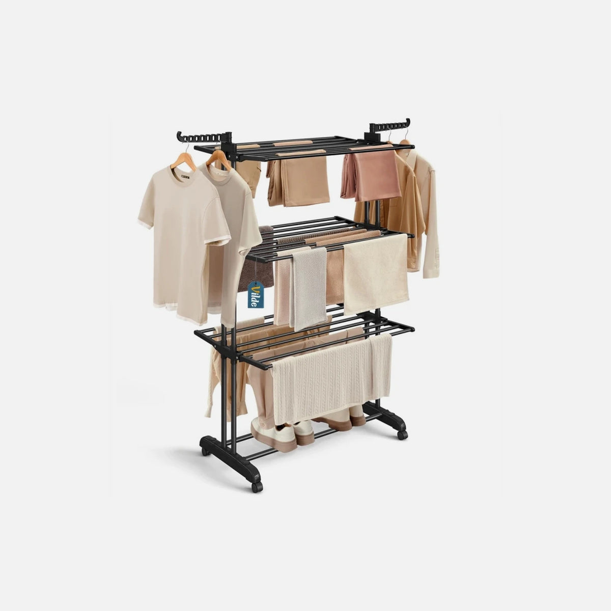 Vilde Vertical Drying Rack 3-Tier 78×64×170cm with Wheels & Hangers, Black