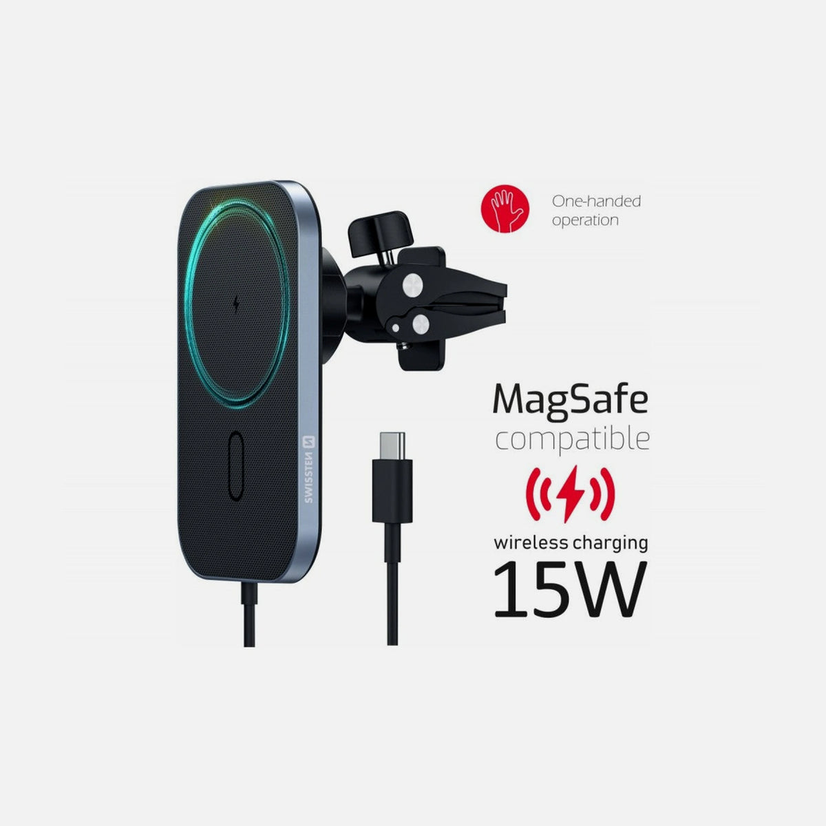 Swissten 2-in-1 Magnetic Car Holder with MagSafe Wireless Charging 15W – Vent Mount, Black
