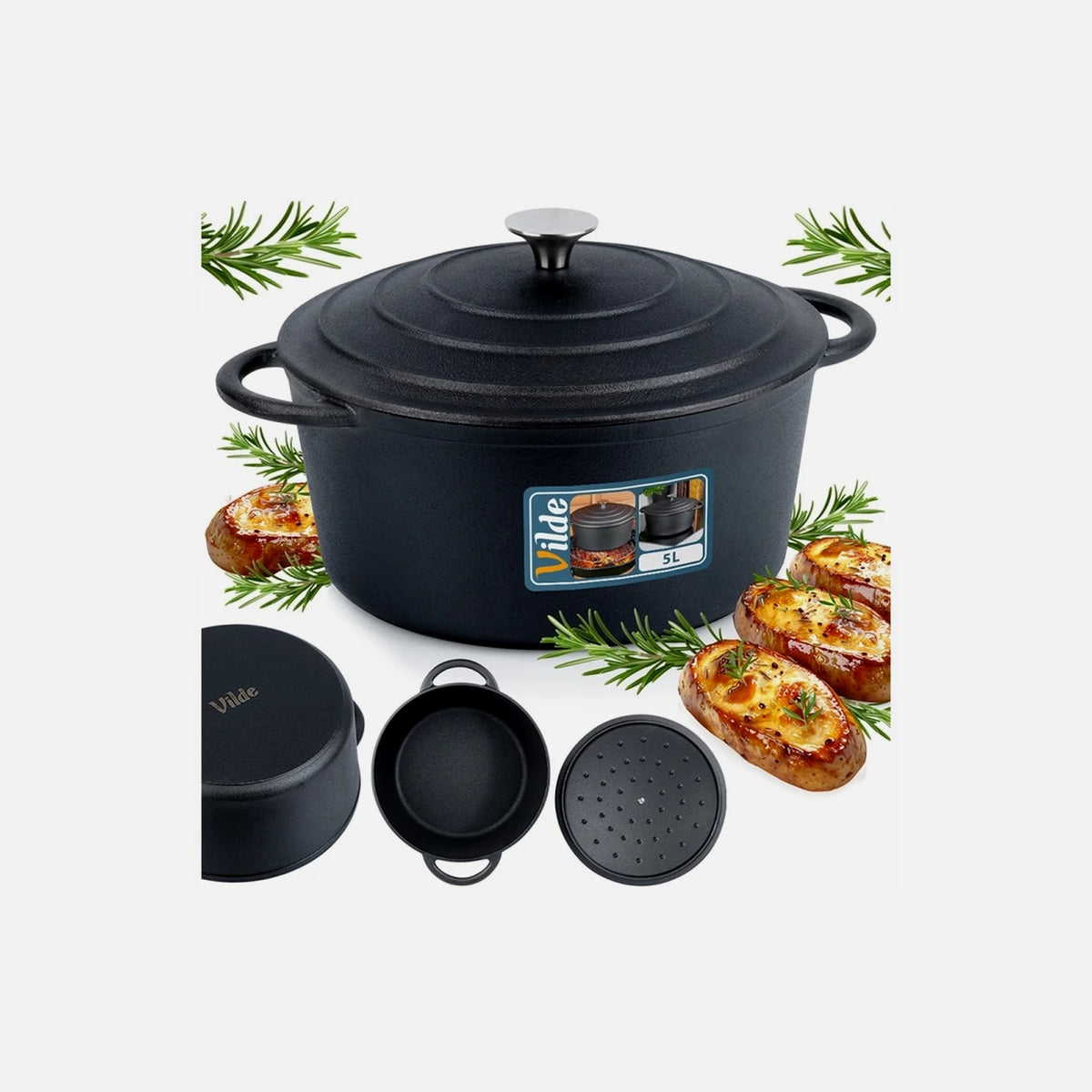 Vilde Cast Iron Pot with Lid 26cm – 5L Dutch Oven, Black