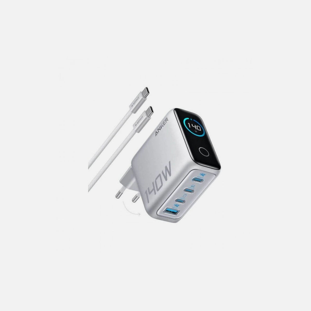 Anker 140W GaN 4-Port Wall Charger PD 3.1 – Color Display, USB-C Cable Included, Silver