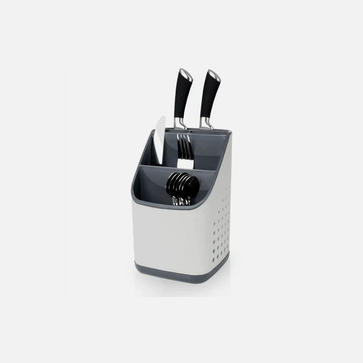 Vilde Cutlery Drainer / Holder with 3 Compartments + 7 Knife Slots, 14×14×23 cm – White / Grey