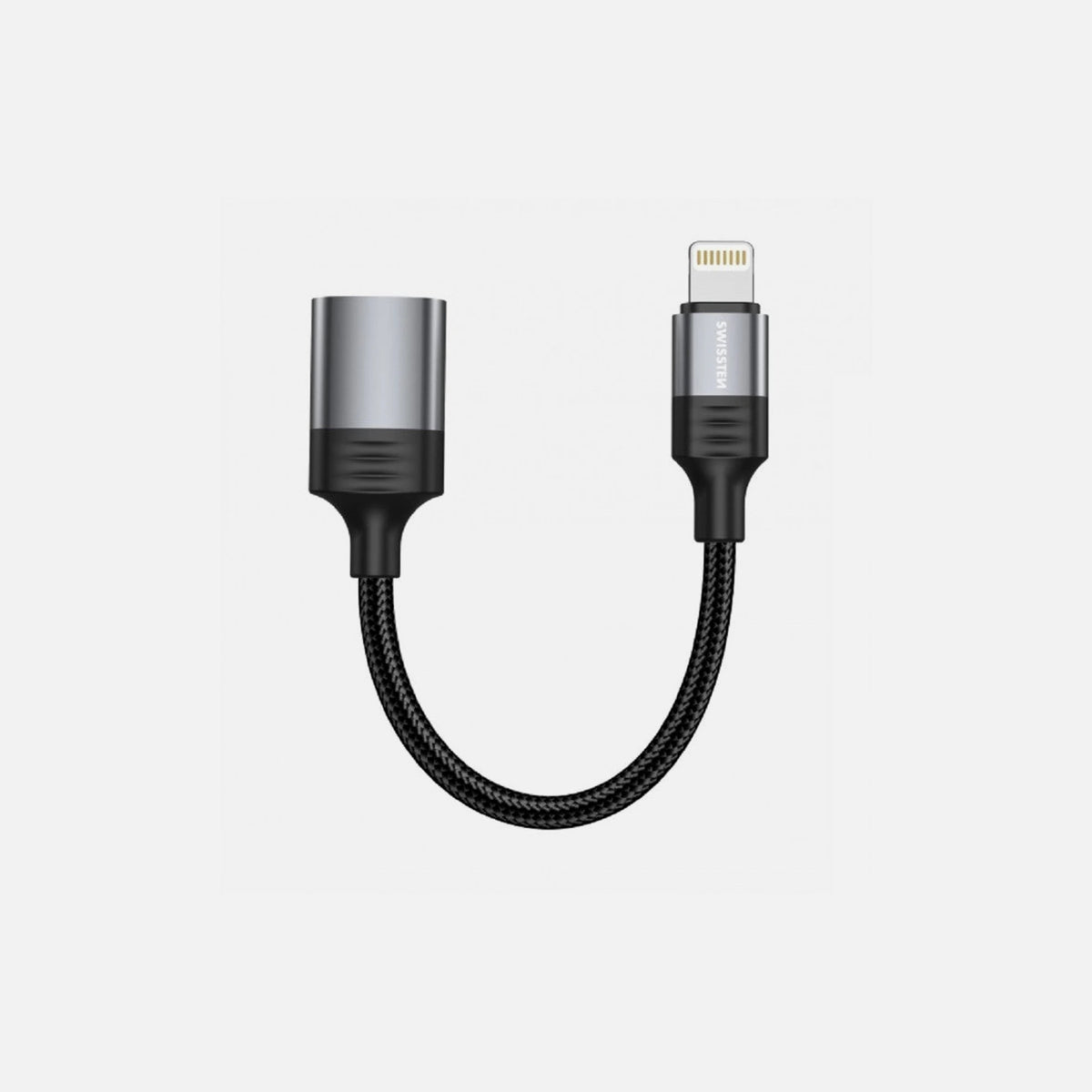 Swissten Lightning to USB-A OTG Adapter with 12cm Cable – Nylon Braided, Black