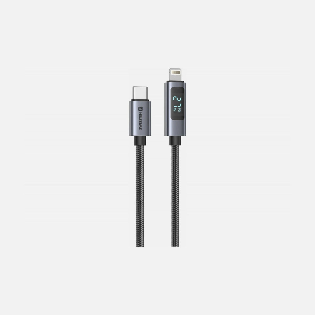 Swissten USB-C to Lightning Cable 1.5m 30W with LCD Display – Nylon Braided, Black