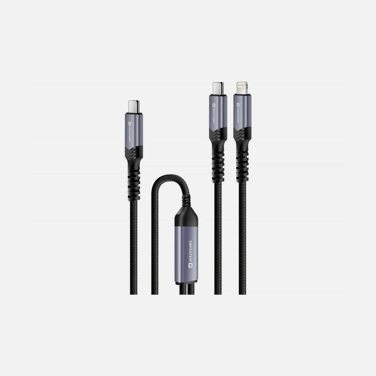 Swissten 2-in-1 USB-C to USB-C + Lightning Cable 1.5m 100W Total – Black