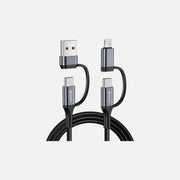 Swissten Textile 4-in-1 Cable 1.5m – 2× USB-C + USB-A + Lightning, Nylon Braided, Black