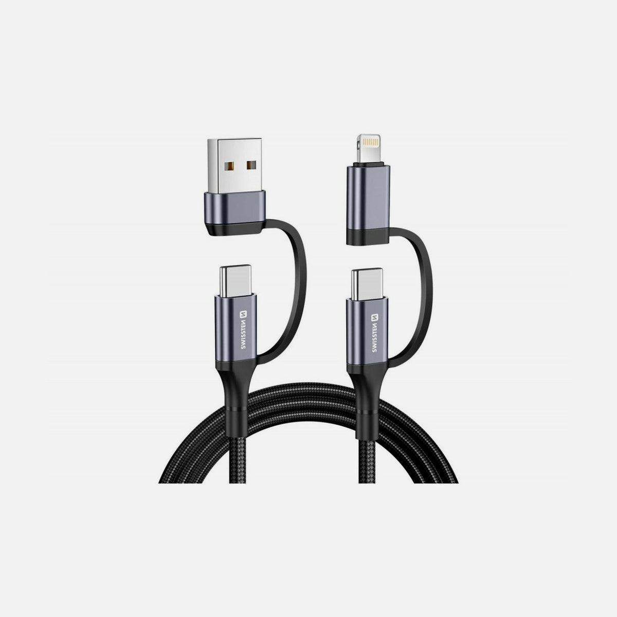 Swissten Textile 4-in-1 Cable 1.5m – 2× USB-C + USB-A + Lightning, Nylon Braided, Black